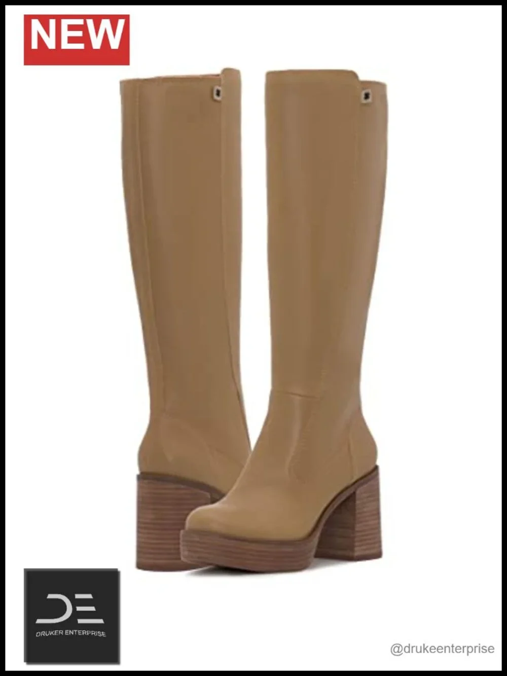 Women's Knee High Leather Snow Boots Round Toe Stacked Heel Zip Closure Fashion
